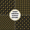 Set of seamless Christmas patterns with golden holiday elements on black background. Royalty Free Stock Photo